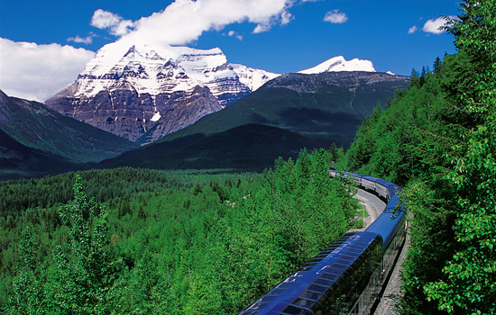 Canadian train - Rocky Mountaineer - The Rocky Mountaineer heads towards Mt Robson on its way to Jasper