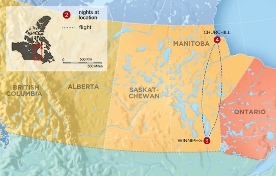Churchill’s Northern Lights Winter Tour Map Canada travel - Canada vacations - Churchill’s Northern Lights Winter Tour Map