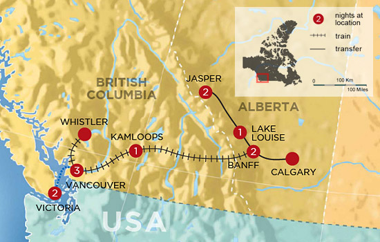 Canadian train - Rocky Mountaineer - Rockies, Islands and Gardens by Rail Map